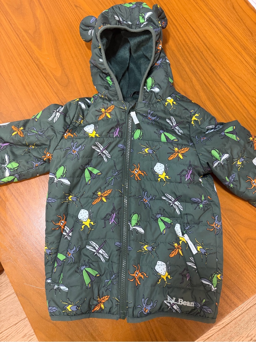 L.L. Bean Dark Green Kids Bug-Print Puffer Jacket with Hood